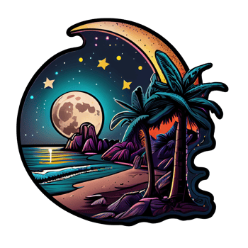 Moon and stars at night tess, landscape with palm trees, retro syntes color design, ocean wave . png