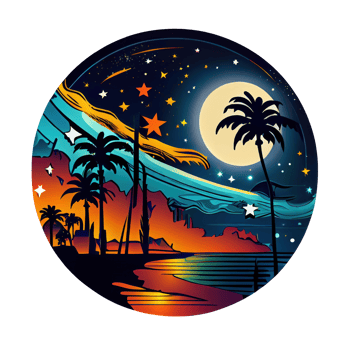 Moon and stars at night tess, landscape with palm trees, retro syntes color design, ocean wave . png