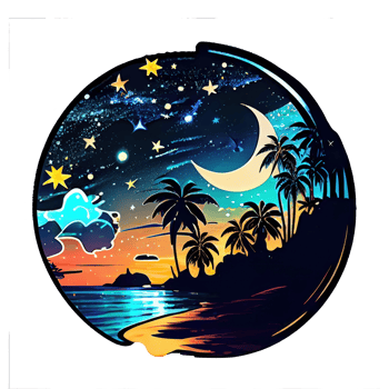 Moon and stars at night tess, landscape with palm trees, retro syntes color design, ocean wave . png