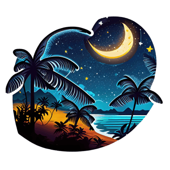 Moon and stars at night tess, landscape with palm trees, retro syntes color design, ocean wave . png