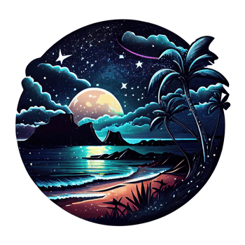 Moon and stars at night tess, landscape with palm trees, retro syntes color design, ocean wave . png