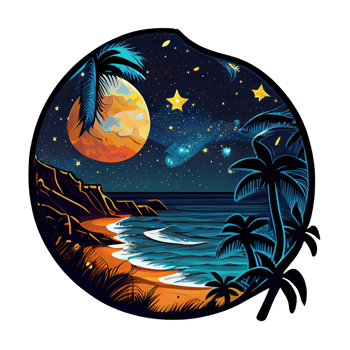 Moon and stars at night tess, landscape with palm trees, retro syntes color design, ocean wave . png