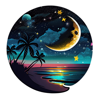 Moon and stars at night tess, landscape with palm trees, retro syntes color design, ocean wave . png