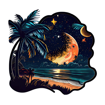 Moon and stars at night tess, landscape with palm trees, retro syntes color design, ocean wave . png