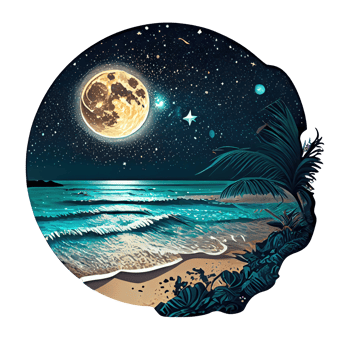 Moon and stars at night tess, landscape with palm trees, retro syntes color design, ocean wave . png