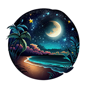 Moon and stars at night tess, landscape with palm trees, retro syntes color design, ocean wave . png