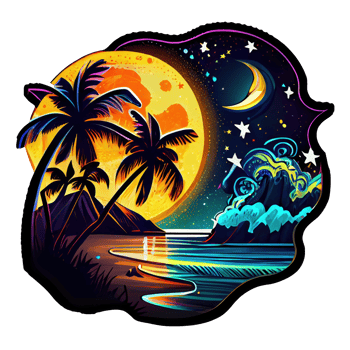 Moon and stars at night tess, landscape with palm trees, retro syntes color design, ocean wave . png