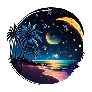 Moon and stars at night tess, landscape with palm trees, retro syntes color design, ocean wave . png