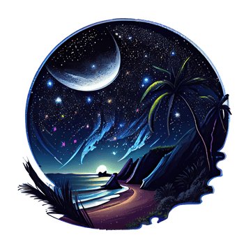 Moon and stars at night tess, landscape with palm trees, retro syntes color design, ocean wave . png