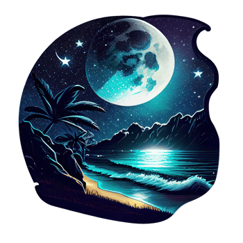 Moon and stars at night tess, landscape with palm trees, retro syntes color design, ocean wave . png