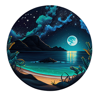 Moon and stars at night tess, landscape with palm trees, retro syntes color design, ocean wave . png
