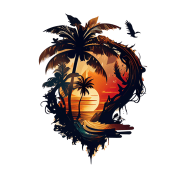 Synthwave sunset, landscape with palm trees, retro wave illustration . png