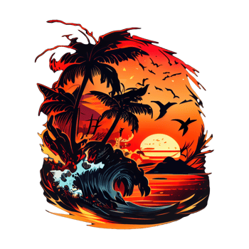 Synthwave sunset, landscape with palm trees, retro wave illustration . png