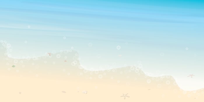 Tropical beach with wave, shells and starfish on white sand vector illustration. Seaside concept with blank space.