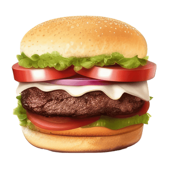 burger with meat, tomato, lettuce, cheese, and sauce . png