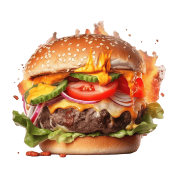 burger with meat, tomato, lettuce, cheese, and sauce . png