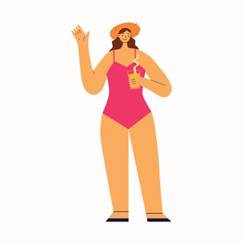 Young girl with beach hat waves her hand and hold a cocktail.Cute summer vector illustration in flat style on white bachground.