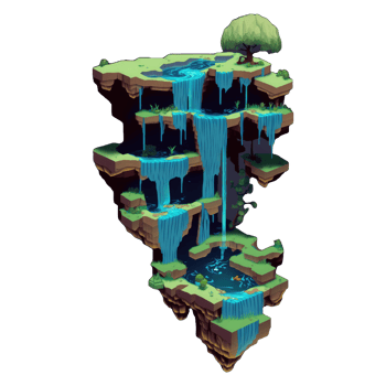 landscape consists of terraced plateaus with multicolored waterfalls and 3D floating islands . png