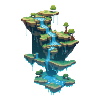 landscape consists of terraced plateaus with multicolored waterfalls and 3D floating islands . png