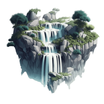 landscape consists of terraced plateaus with multicolored waterfalls and 3D floating islands . png