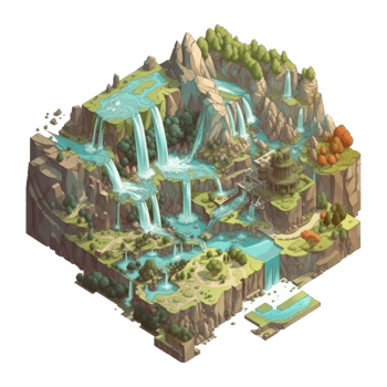 landscape consists of terraced plateaus with multicolored waterfalls and 3D floating islands . png