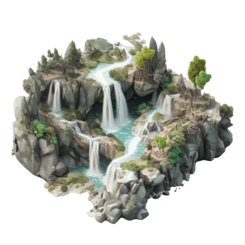 landscape consists of terraced plateaus with multicolored waterfalls and 3D floating islands . png