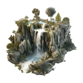 landscape consists of terraced plateaus with multicolored waterfalls and 3D floating islands . png