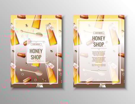 Flyer template with honey products. Honey shop, healthy natural product.Banner, poster, a4 cover for advertising vector