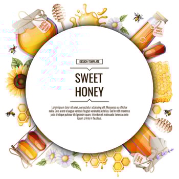 Round frame with honey products.Background, poster, banner, flyer with jar of honey, sunflower, honeycombs, bees. vector