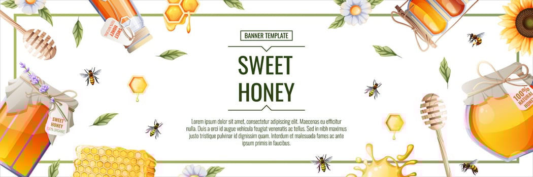 Banner design with jar of honey,bees,sunflower. Honey products, honey shop. Illustration for banner, flyer, poster, menu. vector