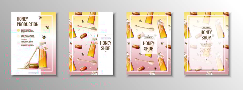 Honey products flyer set. Honey shop, honey bank, honeycombs. Template, cover, poster in a4 size for business vector