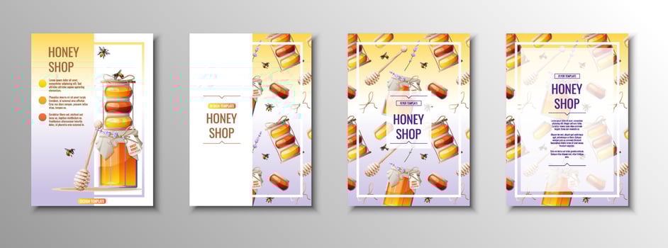 Honey products flyer set. Honey shop, honey bank, honeycombs. Template, cover, poster in a4 size for business vector