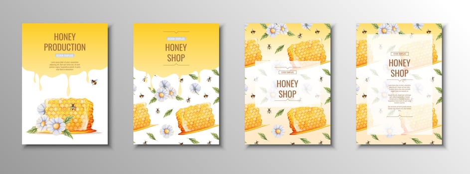 Honey products flyer set. Honey shop, honey bank, honeycombs. Template, cover, poster in a4 size for business vector