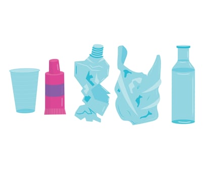 set of plastic waste. Bottles, tubes, bags, cups. Vector illustration isolated on white background.