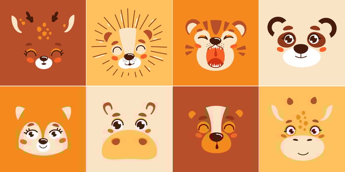 A beautiful set of vector collection of cute animal heads in a children's style. Vector illustration