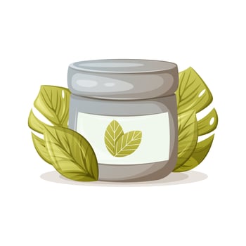 Face and body cream in a jar surrounded by tropical monstera leaves. Decorative cosmetics from natural ingredients. The concept of skin care, health.Trendy vector illustration.