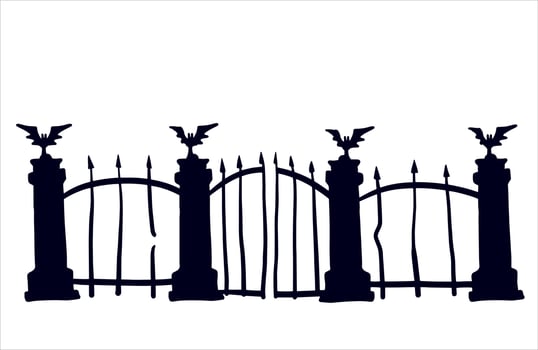 Old fence of cemetery. Halloween decoration. Black silhouette of gloomy wall. Flat illustration isolated on white vector