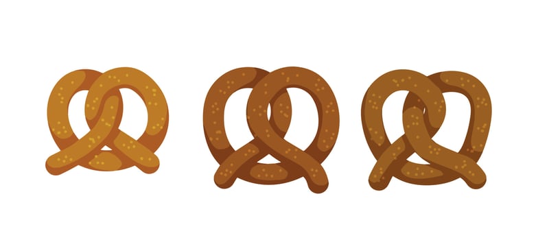 Pretzel fresh pastries. Rolled bread. German traditional bretzel or donut. Brown Wheat Food. Flat cartoon illustration vector