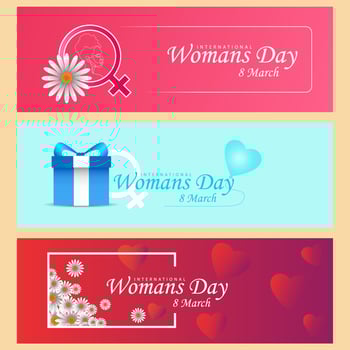 The concept of international womens day. Banners with a girl and flowers on a pink background. Sale. Vector illustration.