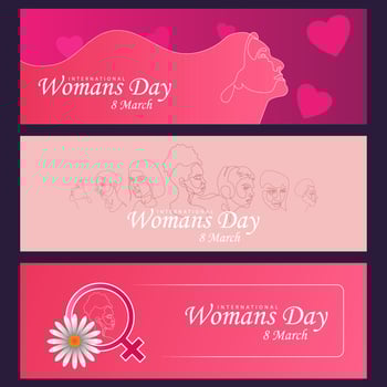 The concept of international womens day. Banners with a girl and flowers on a pink background. Sale. Vector illustration.