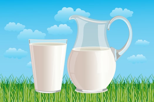 Poster for world milk day with a jug and a glass of milk on the background of a rural landscape. Banner, vector