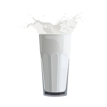 Glass with milk and milk splash on a white background. Healthy drink icon, illustration, vector