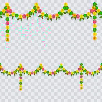 Indian floral garland with flowers and mango leaves on background. Ugadi, Diwali, Ganesha festival pooja, wedding events, decorations. vector