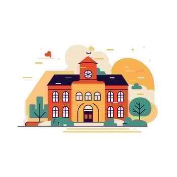 Isolated school building. Landscape with grass and clouds. Urban exterior. vector