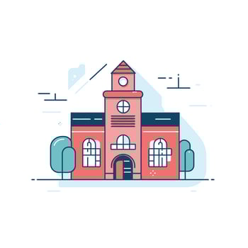 Isolated school building. Landscape with grass and clouds. Urban exterior. vector