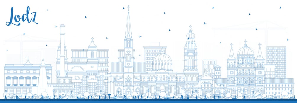Outline Lodz Poland City Skyline with Blue Buildings. Vector Illustration. Lodz Cityscape with Landmarks.