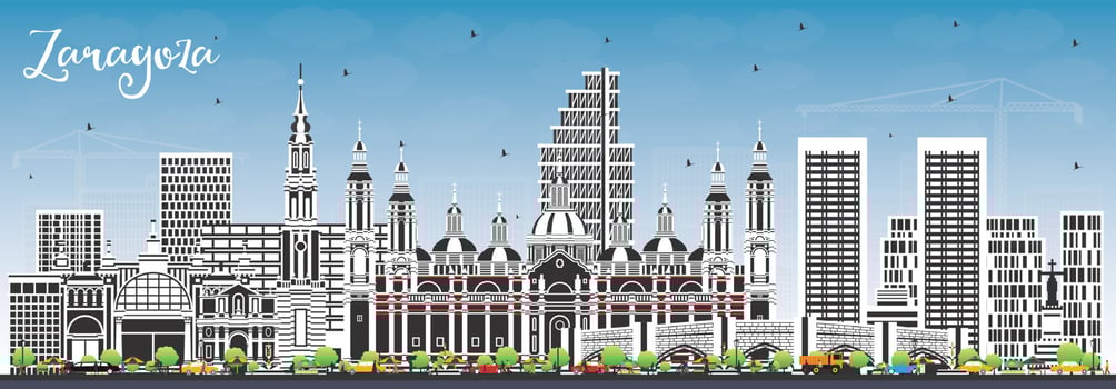 Zaragoza Spain City Skyline with Color Buildings and Blue Sky. Vector Illustration. Zaragoza Cityscape with Landmarks.