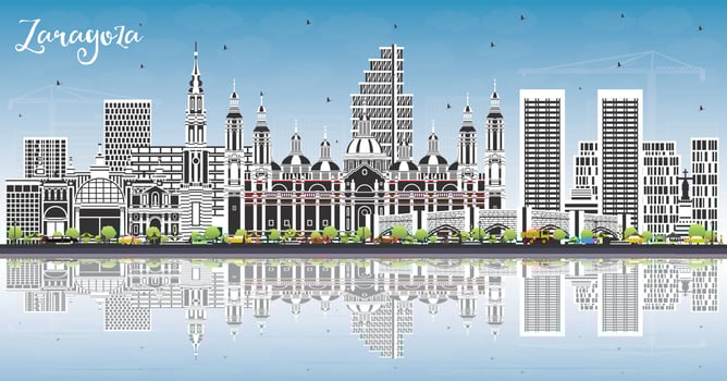 Zaragoza Spain City Skyline with Color Buildings, Blue Sky and Reflections. Vector Illustration. Zaragoza Cityscape with Landmarks.