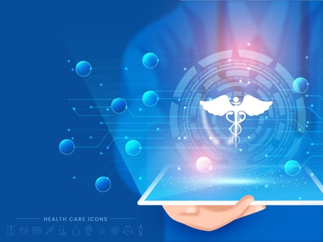 AI Medical Concept With Virtual Caduces Symbol Presentated by Medical Reprentative, Futuristic Medical Concept with Health Icons. vector
