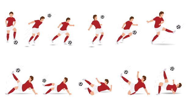 Set Of Faceless Male Soccer Player Kicking Ball In Various Poses. vector